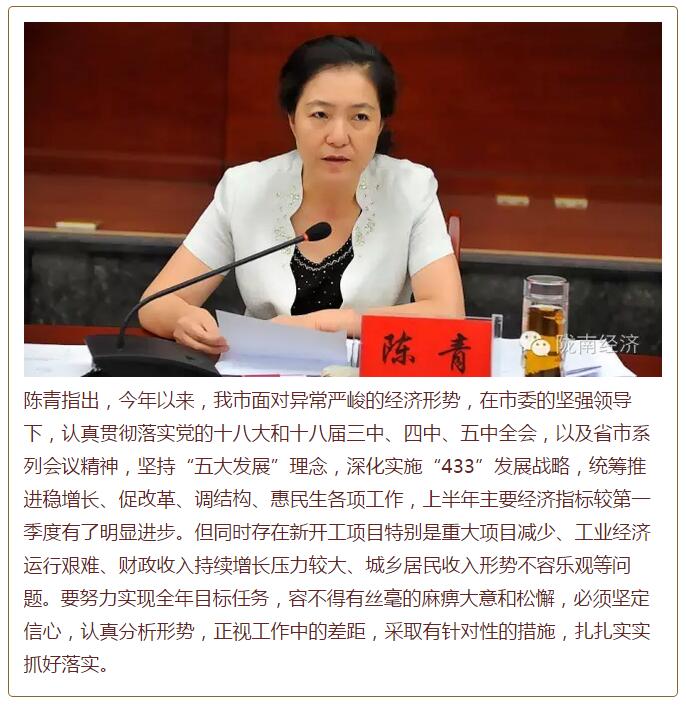 陳青在市政府全體會(huì)議上強(qiáng)調(diào)：緊盯一個(gè)目標(biāo)抓好九大任務(wù)落實(shí)強(qiáng)化三項(xiàng)保障，確保全市經(jīng)濟(jì)社會(huì)持續(xù)快速發(fā)展